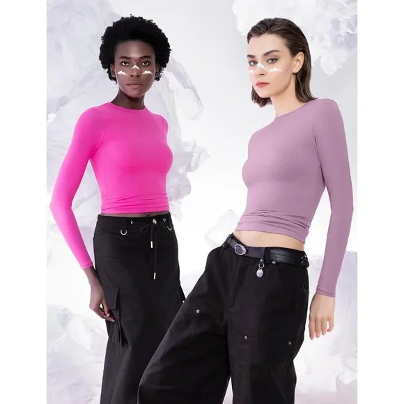 Women's Mauve Long Sleeve T Shirts Crew Neck Slim Fit Sexy Collection - Picture 3 of 6